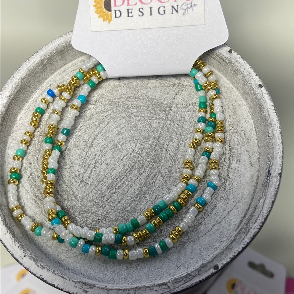 White Gold and Turquoise Green Beaded Bracelet Set of 3 Summer Fun Bracelets